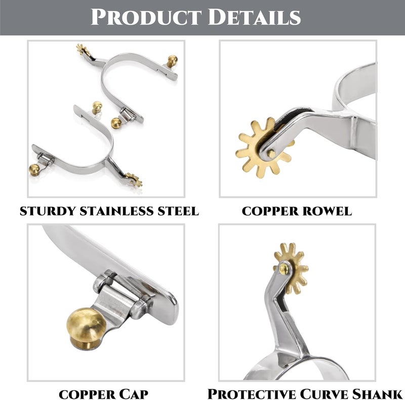 Acshio 2 Pack Horse Spurs, Stainless Steel Stylish Boot Spurs with Gear Copper Rowels, Western Cowboy Equestrian Men Women Spur Horse Riding Accessories for Trail Riding, Horse Tack - Image 5